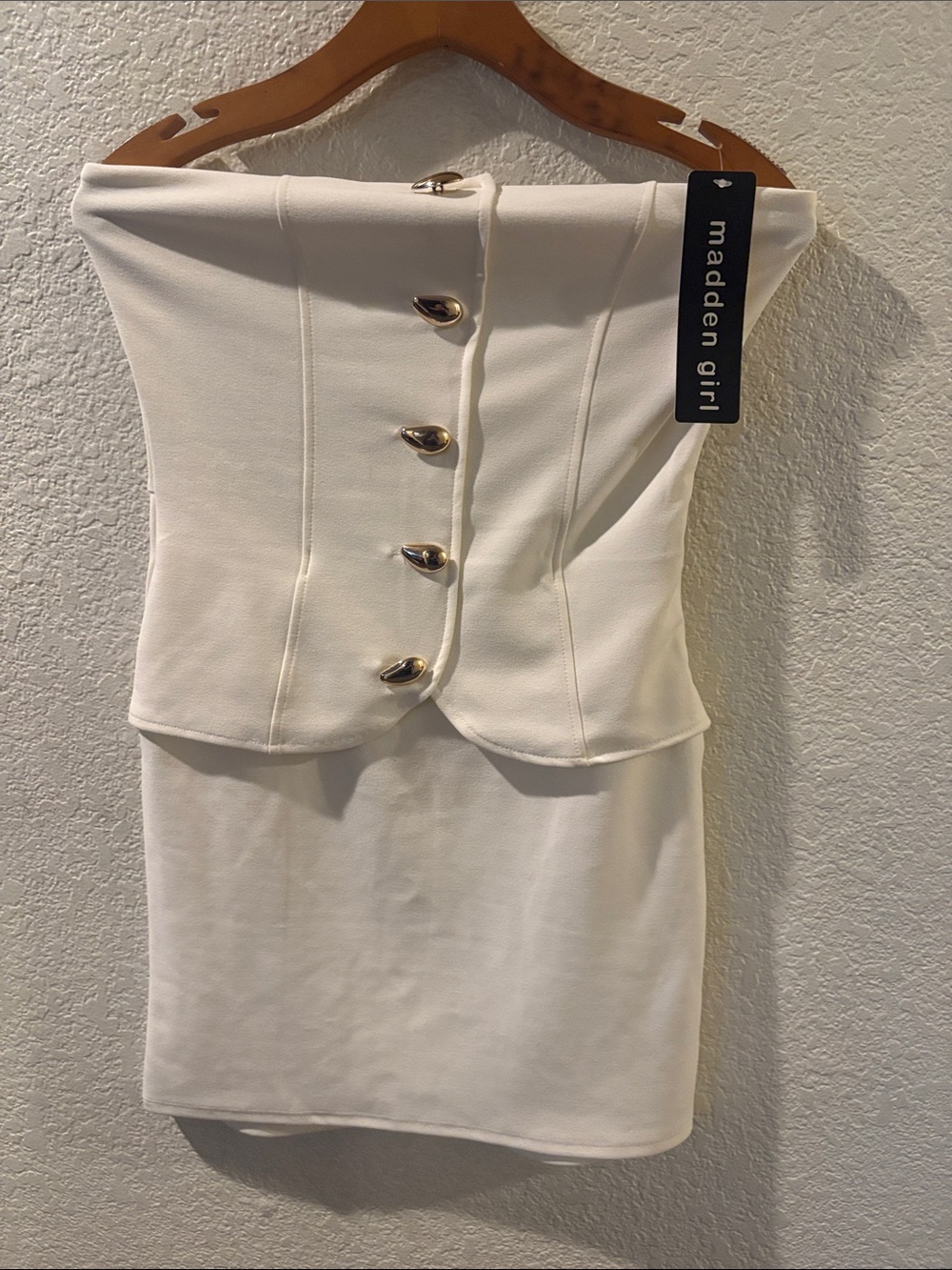 Madden Girl Ivory Strapless Mini Skirt with Gold Buttons